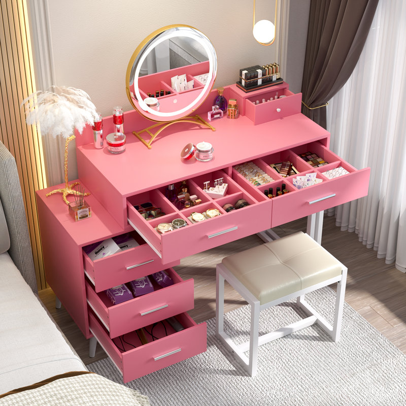 Meuble-lavabo avec miroir et tabouret Foivos, Rose