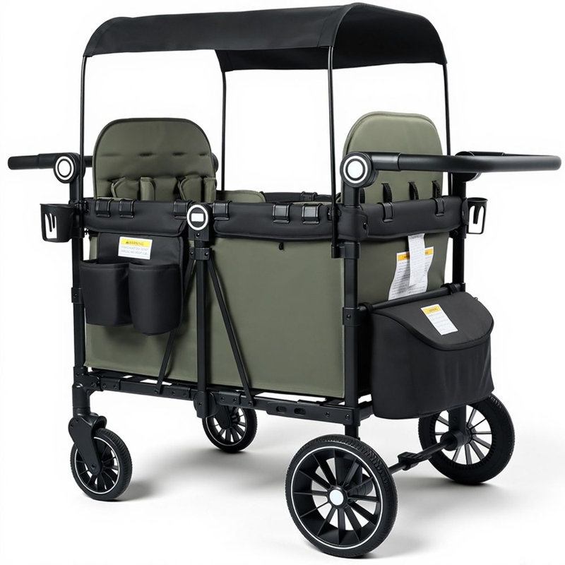 4-Seater Foldable Wagon Stroller with Canopy and Adjustable Handle for Kids, Green, Black-Green