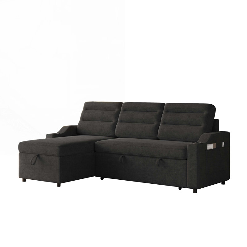 85.8" Sleeper Sofa with Pull Out Bed with Charging Port,Storage Space, Black