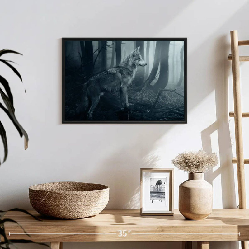 Loup gris, 19 po x 13 po, Cadre flottant noir
