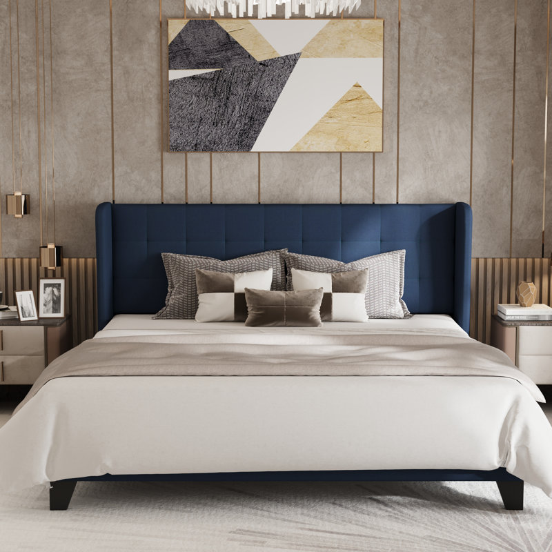 Upholstered Bed with Square Tufting and Wingback, King, Blue