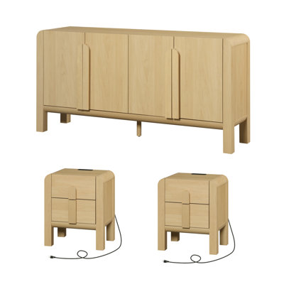 Adora Mid Century Dresser And Nightstand Sets For Bedroom, 3 Pcs Bedroom Set,Night Stand Set Of 2, Modern Dresser With Curved Profile Design, Wooden Chest Of Drawers Storage Cabinet Set