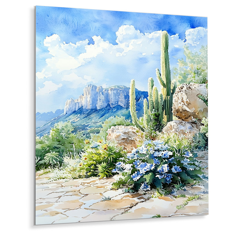 Paysage de désert mexicain - Cactus floral, impression murale en métal, H 32 po x l 24 po