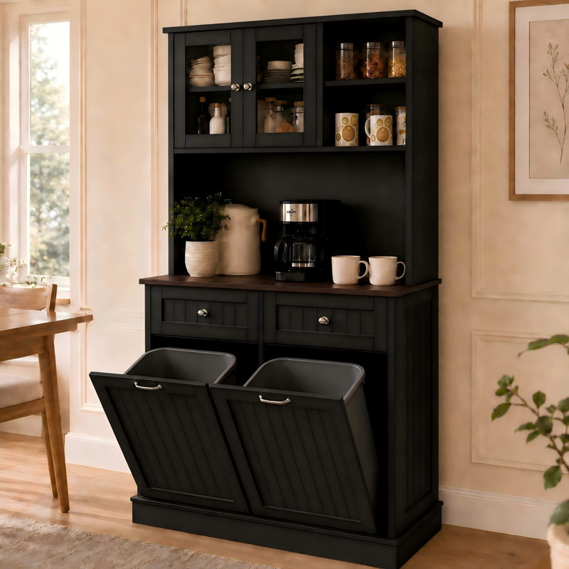 Armoire à déchets basculante 20 gallons avec tiroirs en bois, garde-manger noir, Noir