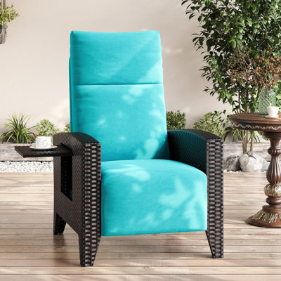 Fauteuil inclinable d'extérieur en osier avec dossier réglable, repose-pieds et table, brun / bleu