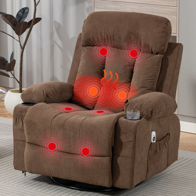 Recliner Chair with Vibration Massage and Heat, 360° Swivel Rocking Chair for Adults, Ergonomic Lounge Chair with Rocking Function and Side Pocket, Cup Holders, Brown