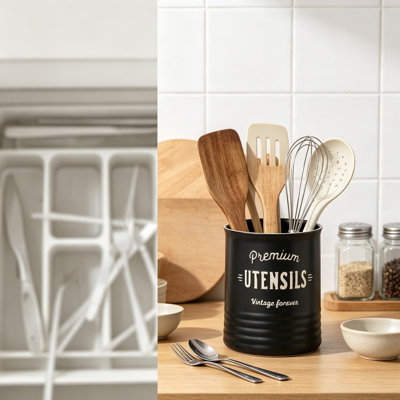 Grand porte-ustensiles en céramique pour comptoir de cuisine, pot à ustensiles rustique robuste avec tapis de liège, glacis résistant aux égratignures pour les spatules, les cuillères et les fouets, cadeau de charme rétro pour les cuisiniers à domicile