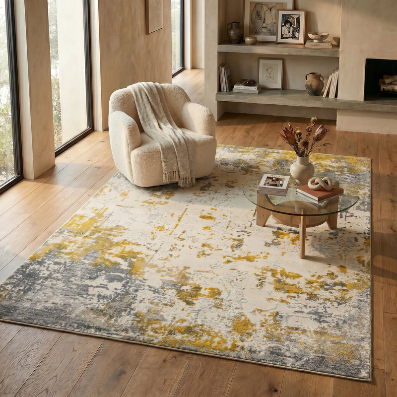 Rug Branch Solenne 8' x 11' (7'9" x 10'9") Gold/Grey Abstract Indoor Area Rug, Contemporary, Medium Pile, Stain-Resistant Carpet - Living Room, Bedroom, Dining Room, and Kitchen