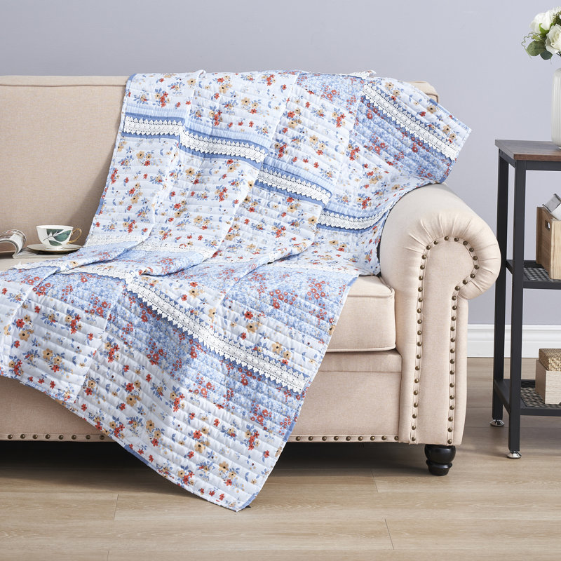 Light Blue Floral Lace Embellished Reversible Throw Blanket
