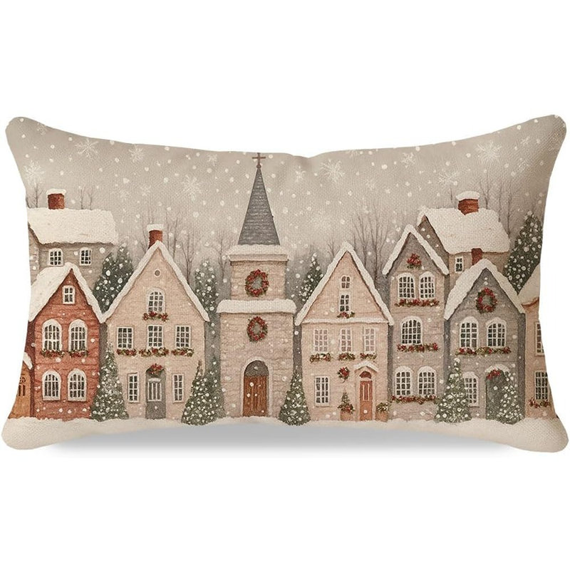 Housse de coussin de Noël 12 x 20 pouces, housse de coussin lombaire beige Snow Village