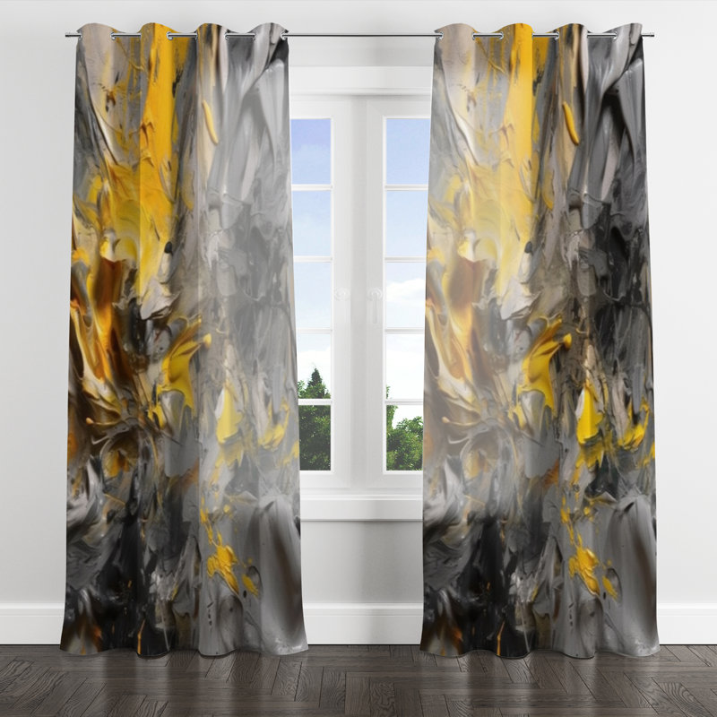 Mustard Yellow And Vivid Gray V - Abstract Velvet Grommet Curtain - 1 Panel, 52" W x 108" L, Silver Grommets