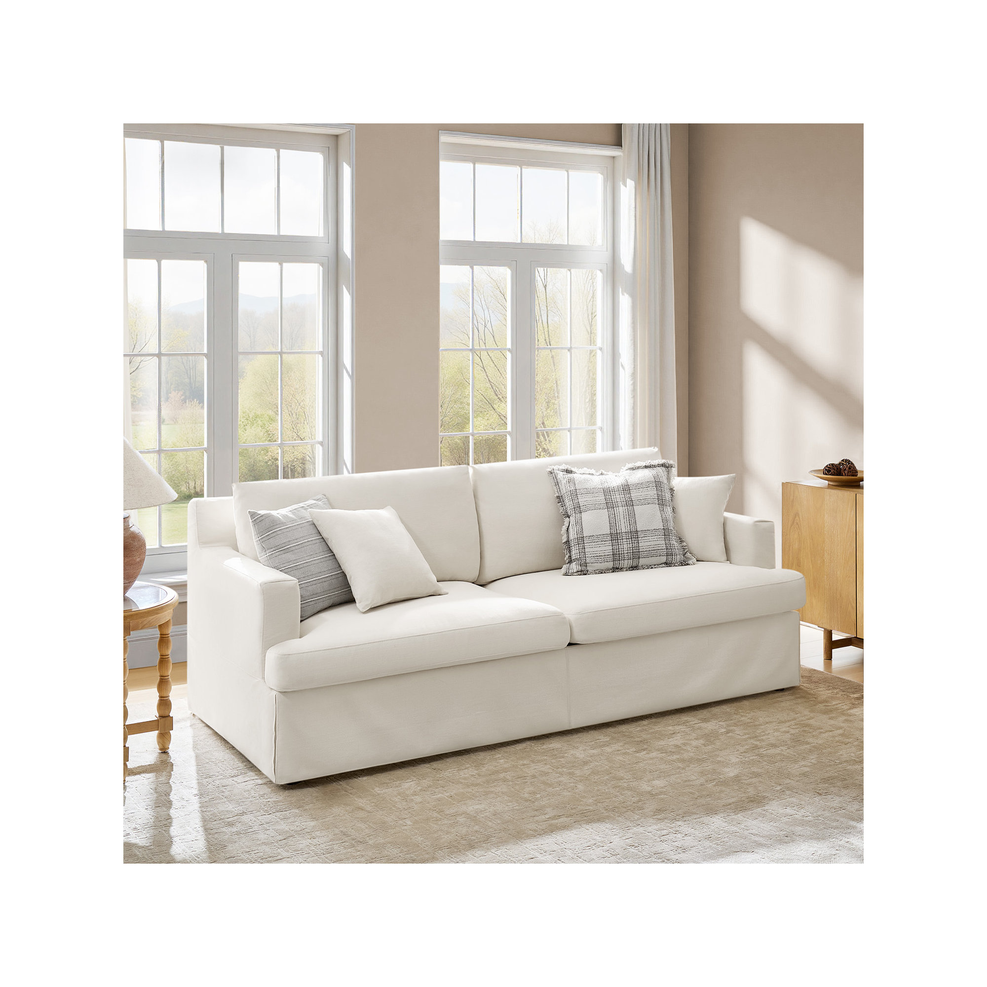 Lucie Isadoro 84"W Farmhouse Fully Assembled Square Arm Slipcovered Sofa With Down Blend Fill, White