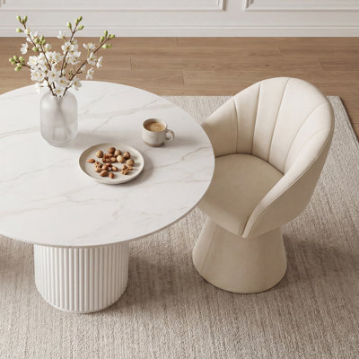 Upholstered Barrel Accent Chair With Chenille Fabric, Swivel Dining Armchair, Comfy Vanity Chair With Curved Backrest
