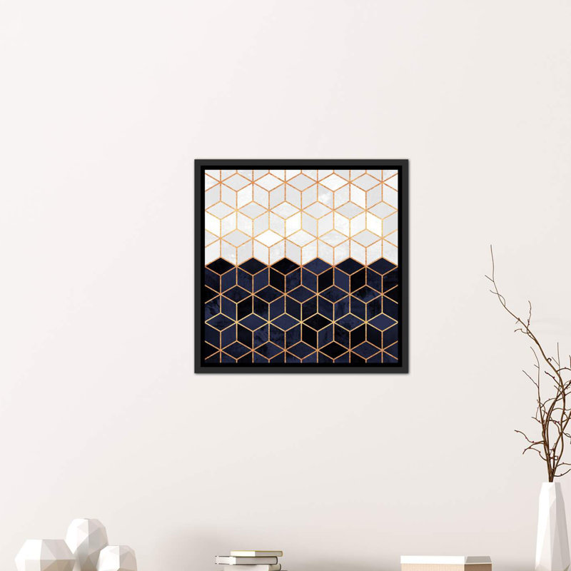 «White and Navy Cubes» par Elisabeth Fredriksson - impression d'art graphique, Toile avec cadre noir