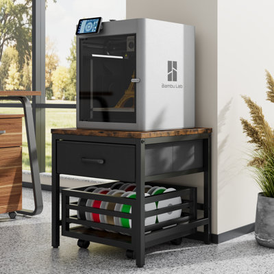 Industrial Printer Stand with Drawer and Pull-Out Basket, Rolling Printer Table for Home Office, Large Printer Cart with Storage Drawer, Mobile Printer Desk Fits Most Printers