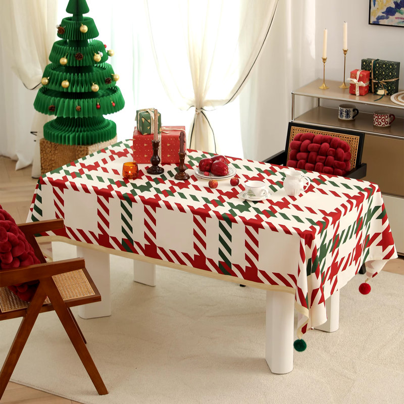 Red And Green Holiday Plaid Pom Pom Christmas Tablecloth 56" W X 96" L, 72" x 56"