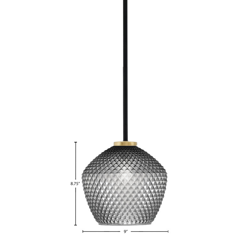 Mini-luminaire suspendu 1 lumière Amarmula, noir mat et finition laiton vieilli, verre texturé fumé 9 po, Transparent/noir