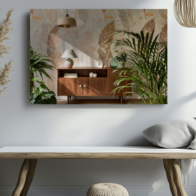 Toile Un espace de vie moderne avec un élégant buffet en bois avec art mural, H 30 po x l 30 po