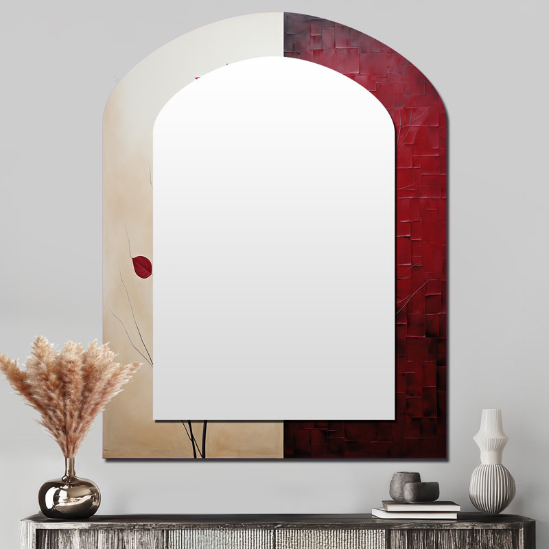 Bordeaux Bold Leaf I - Leaves Arch Large Wall Mirror, Red Asymmetrical Decorative Mirror, Printed Metal Art, 43" x 33"