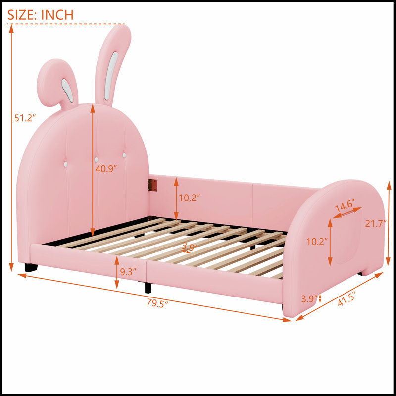 Upholstered Rabbit-Shape Princess Bed, Platform Bed with Headboard and Footboard for Enchanting Sleep, Pink