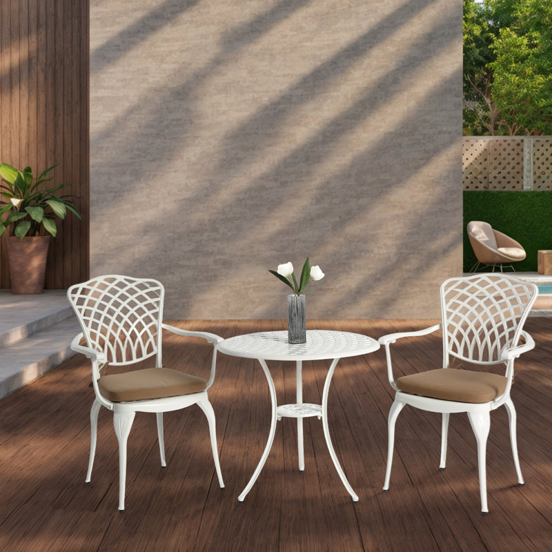 Ensemble bistro 3 pièces - table et chaises en fonte d'aluminium avec coussins réglables pour les pieds