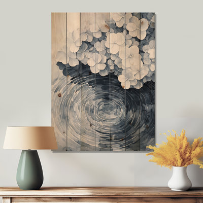 Hydrangea By The Pond Ripple Effect - Hydrangea Wood Wall Art - On Natural Pine Wood