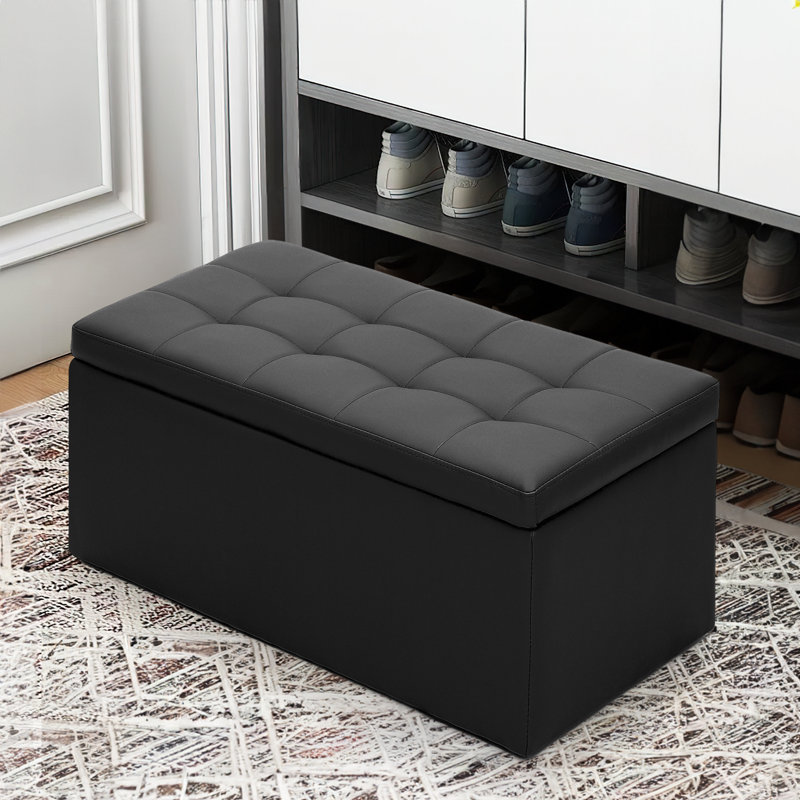 Tufted Storage Ottoman Upholstered End of Bed Footstool Storage Toy Box Footrest Footstool Organizer, Black