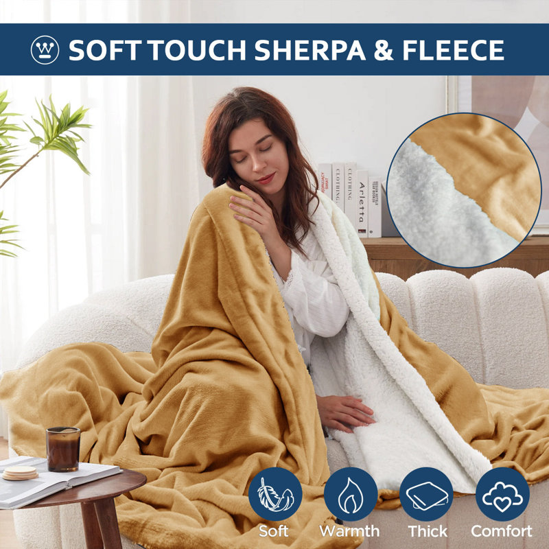 Jeté Sherpa - simple et grand lit, L 80 po x l 60 po, Gold