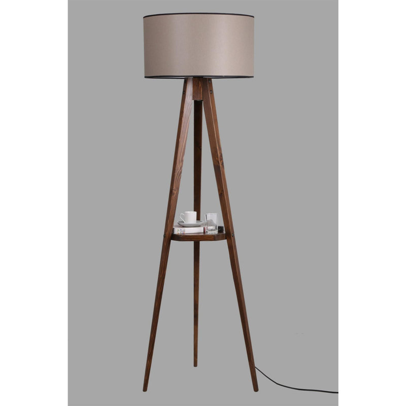 Luro Elegant Wooden Floor Lamp with Shelf, Walnut Finish, 60W E27 Socket | Total Height: 60.4 inches, Shelf Size: 10.2 x 10.2 inches | On/Off Switch on Cable, Electrostatic Oven Dried Paint | Stylish Lighting for Home Decor