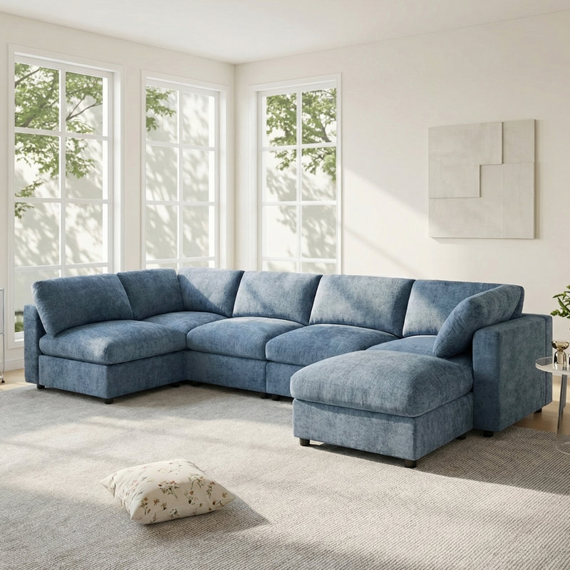 6 Seat Chenille Sectional Couch Set With Ottoman, Blue Chenille