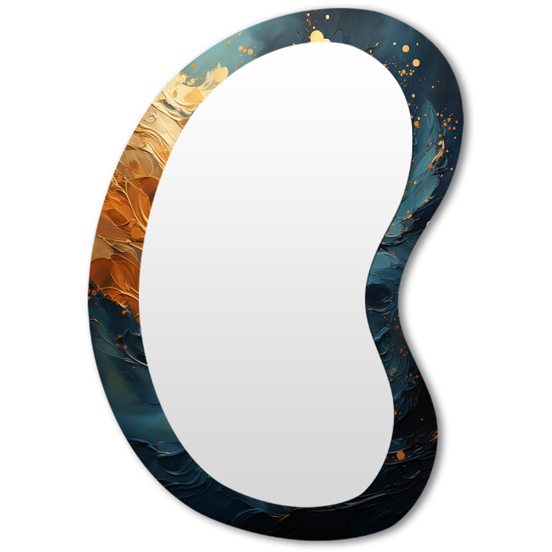 Isak Golden Sapphire Surge III - Abstract Spirals Unique Shape Unique Mirror, Gold Asymmetrical Large Wall Mirror, Printed Metal Art