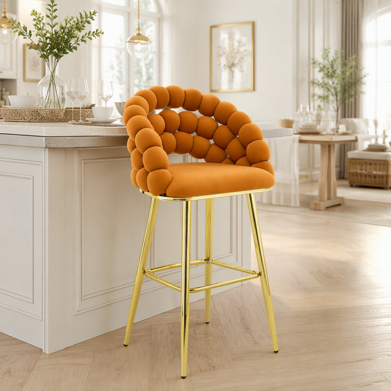 Ensemble de 2 tabourets de bar en velours avec chaînes dorées et détails capitonnés modernes, Orange