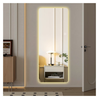 Miroir mural 65 po x 21 po avec lumières DEL intégrées, miroir de coin arrondi sans cadre, cadre argenté