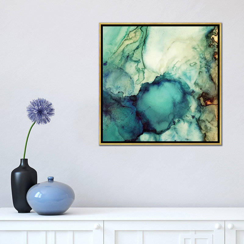 Bleu sarcelle abstrait, H 18 po x l 18 po x P 1,5 po, Toile encadrée d'or, Pas de tapis