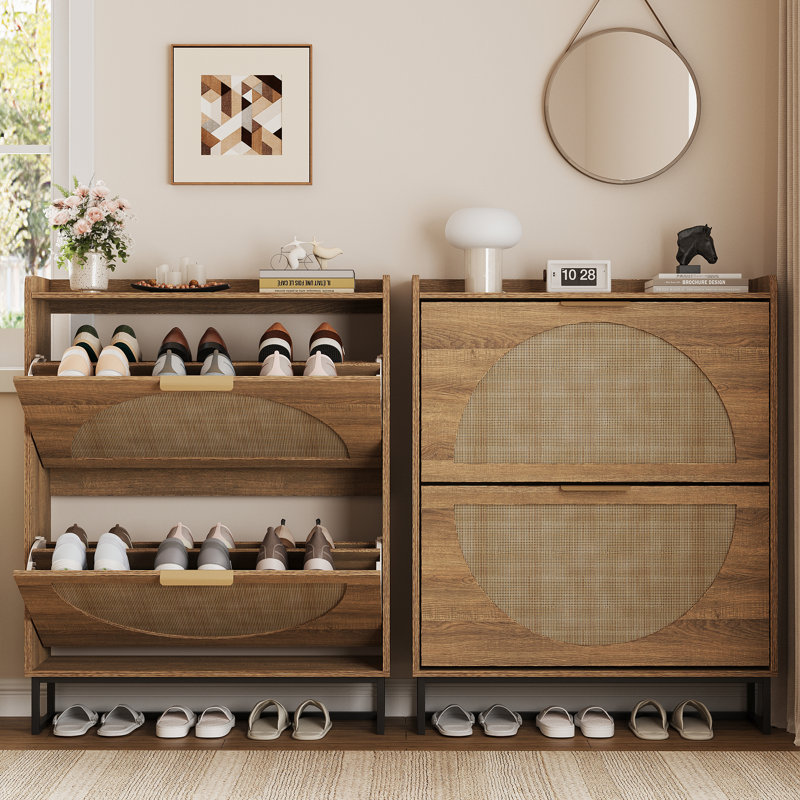 Armoire de rangement à chaussures en rotin avec 2 tiroirs rabattables