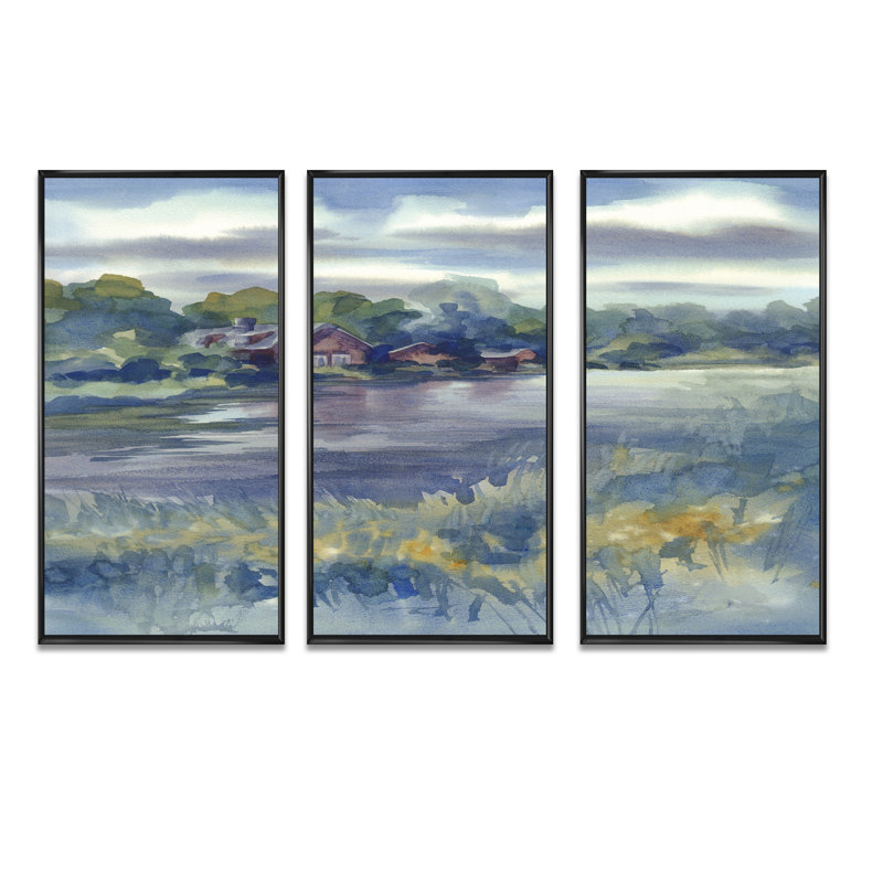 Paysage d'automne au bord de la rivière - ensemble d'art mural sur toile traditionnel encadré de 3, Cadre noir