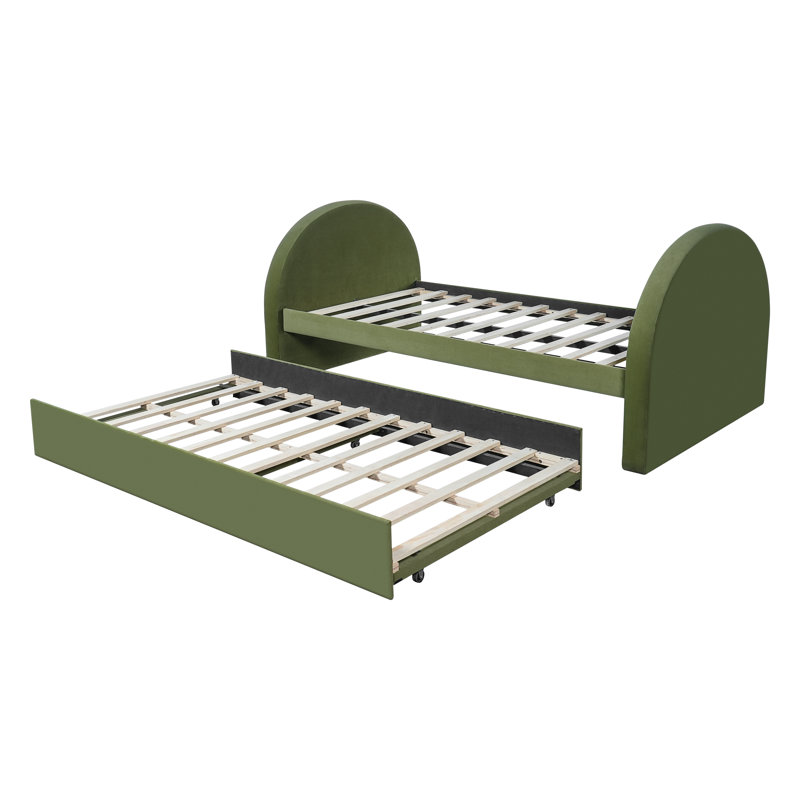 Modern Minimalist Upholstered Daybed with Pull-Out Trundle and Rounded Panels, Full, Olive Green