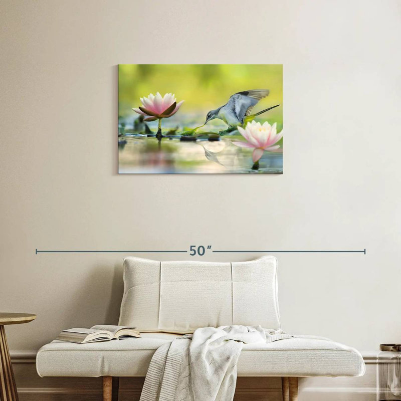 Bruyère lotus et oiseau gris, H 20 po x l 30 po
