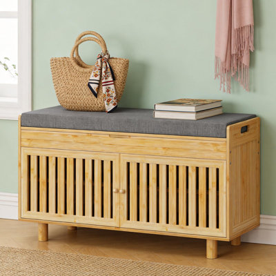 Shoe Storage Bench, Bamboo Entryway Bench With 2 Doors & Padded Seat Cushion,  2-Tier Shoe Rack With Lift Top Hidden Storage,Natural