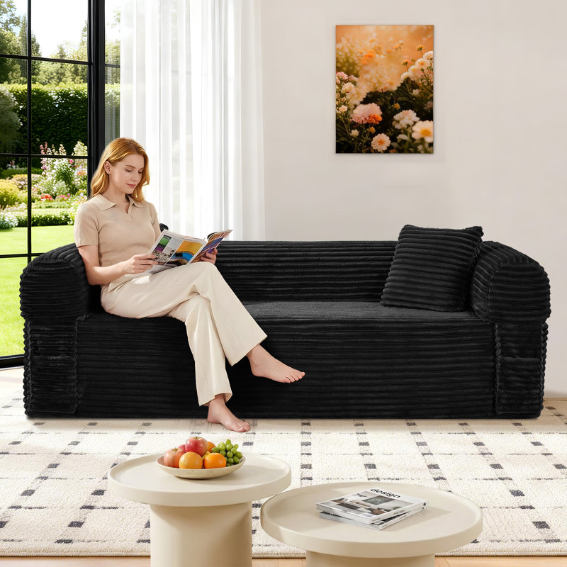 83 inch Cloud Boneless Couch for Living Room 3-Seater Sofa with Fixed-Shape Frame, Single Sleeper Corduroy Sofa in A Box, No Assembly Required, Black