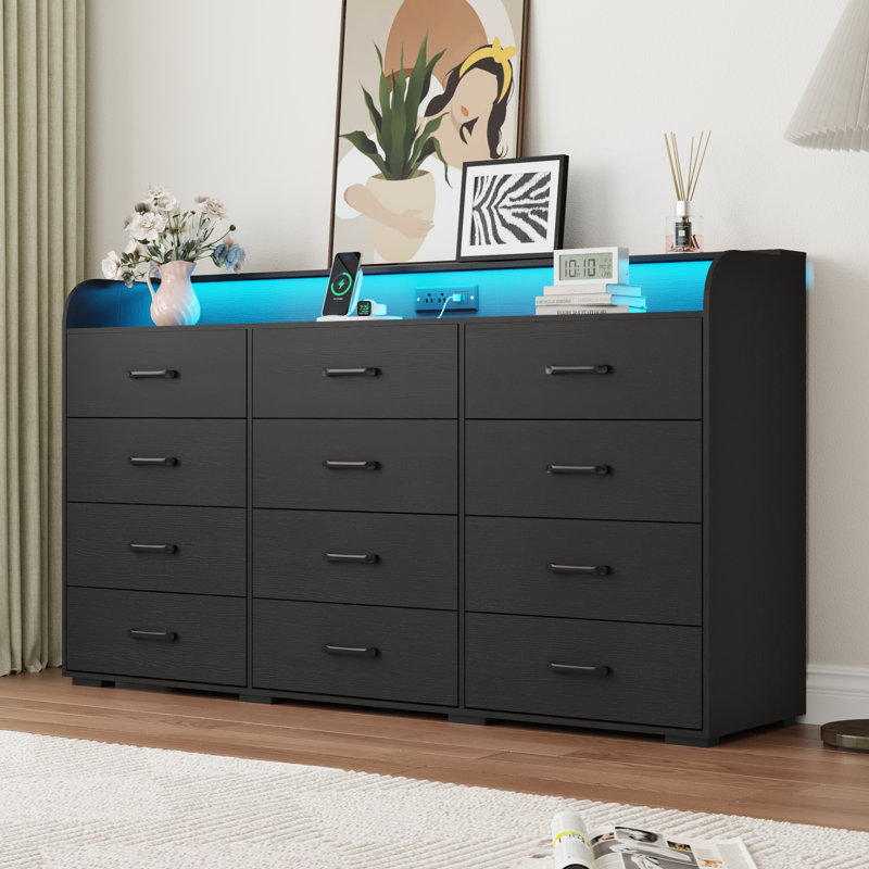 63" Wide Modern 12-Drawer Dresser With Led Light And Power Outlet, Large Storage Chest With Metal Handles For Bedroom Or Living Room