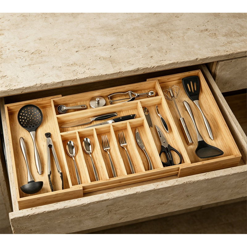 Extra Large Expandable Kitchen Silverware Drawer Organizer Adjustable Bamboo Tray