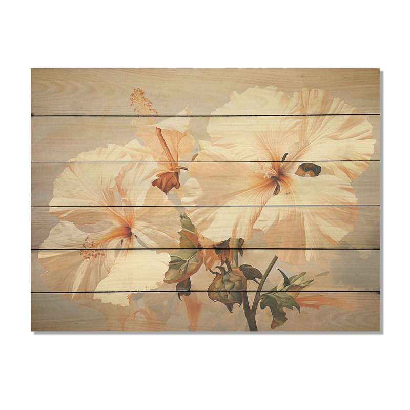 Peinture sur bois d'hibiscus beige - Hibiscus sur bois de pin naturel, H 30 po x l 40 po