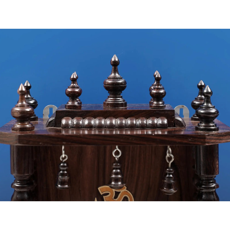 Handcrafted Wooden Puja Temple, Wall-Mounted Home Mandir with Decorative Bells