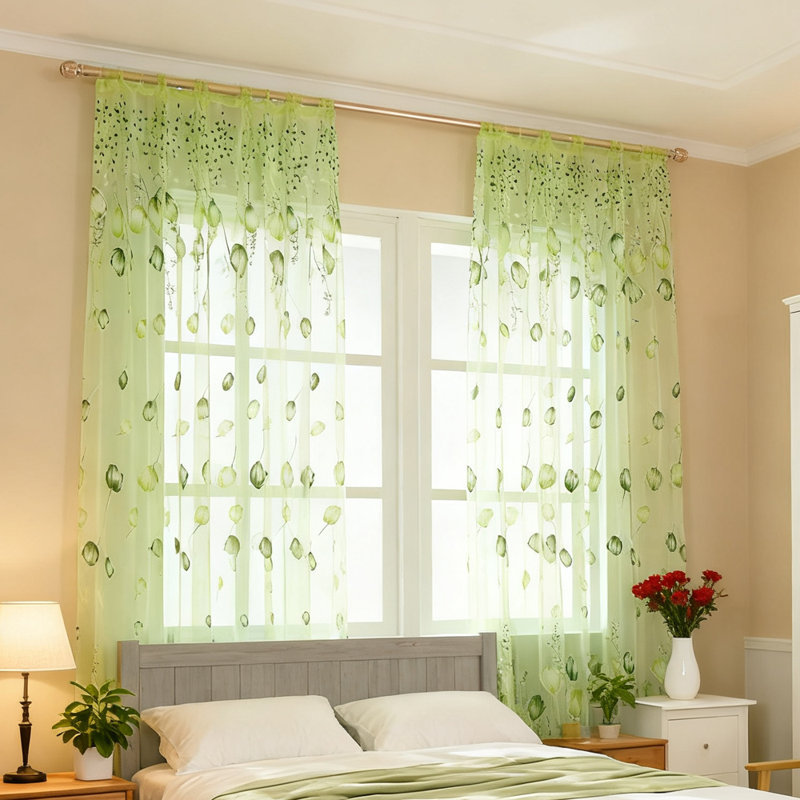 4 Panels Tulle Curtains, 100x200 cm Tulip Print Tulle Sheer Curtains, Rod Pocket, Living Room Bedroom Decor, Green, Green