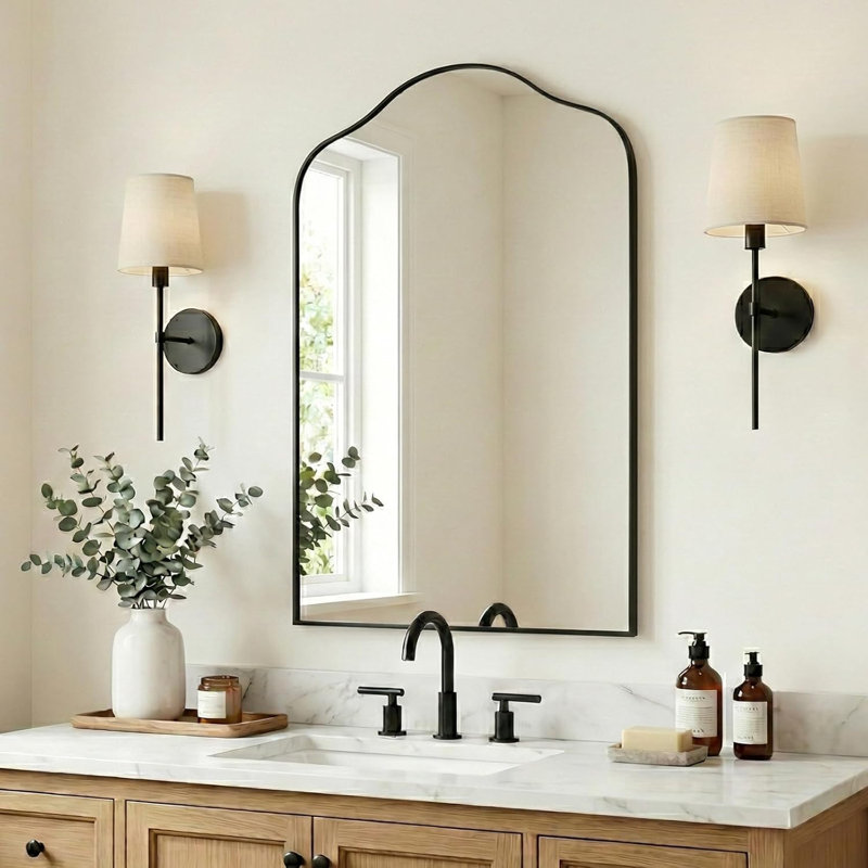 Aremi Contemporary Scalloped Arch Top Bathroom Vanity Mirror | Stainless Steel Frame, Matte Black, 36" x 24"