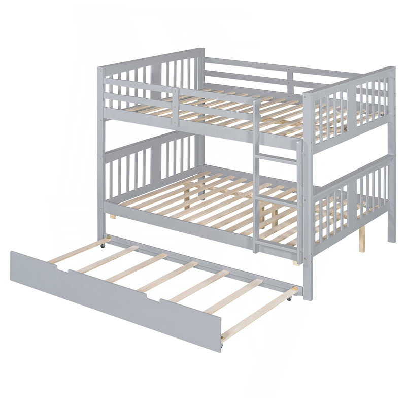 Full Over Full Bunk Bed With Twin Size Trundle And Ladder-Gray, Gray