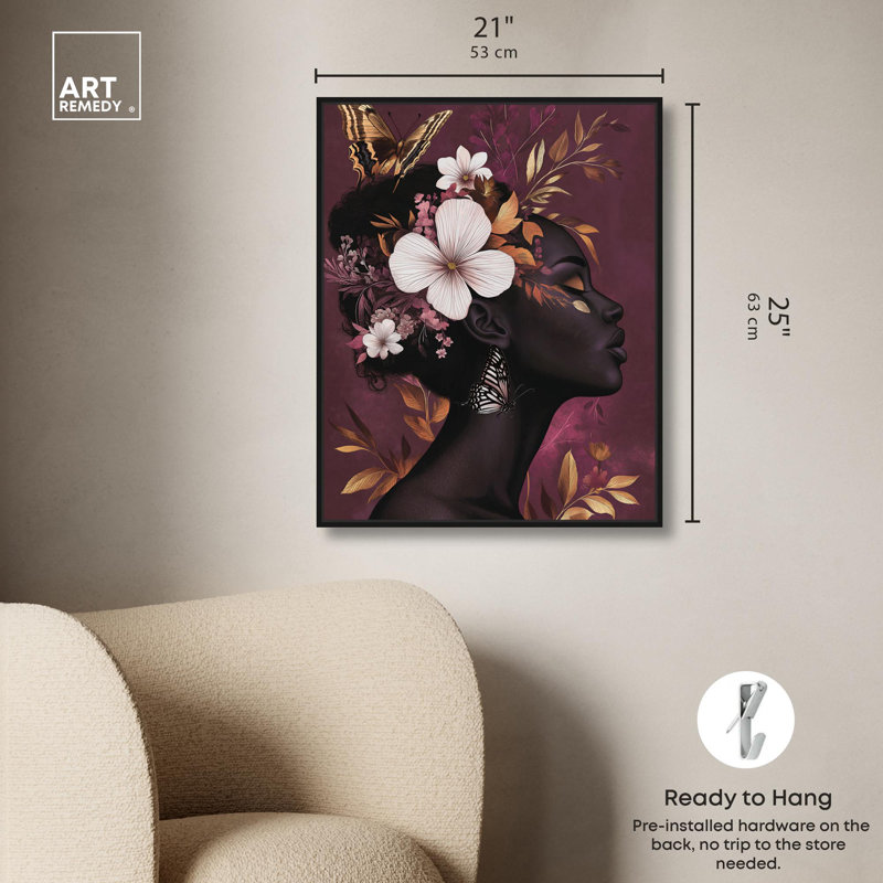 «She Blooms in Darkness I», mode sur toile par Art Remedy, Cadre flottant noir, H 25 po x l 21 po