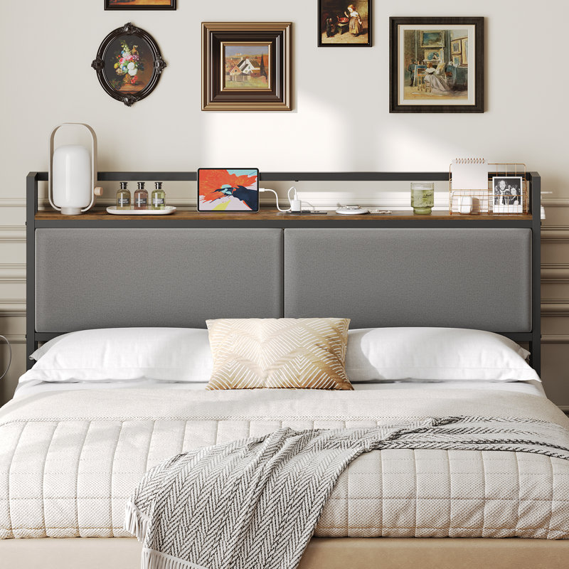 Upholstered Headboard with Charging Station and Open Storage, Queen