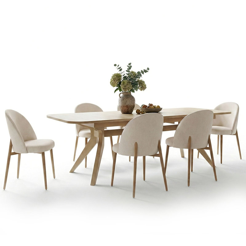 7-Piece Extendable Oak Dining Set with 8 Curved Back Upholstered Chairs